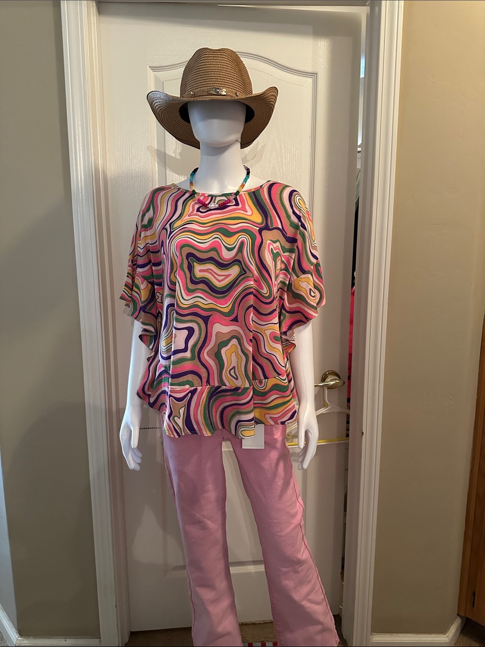 Sew In Love Pink Multicolor Swirl Flutter Top